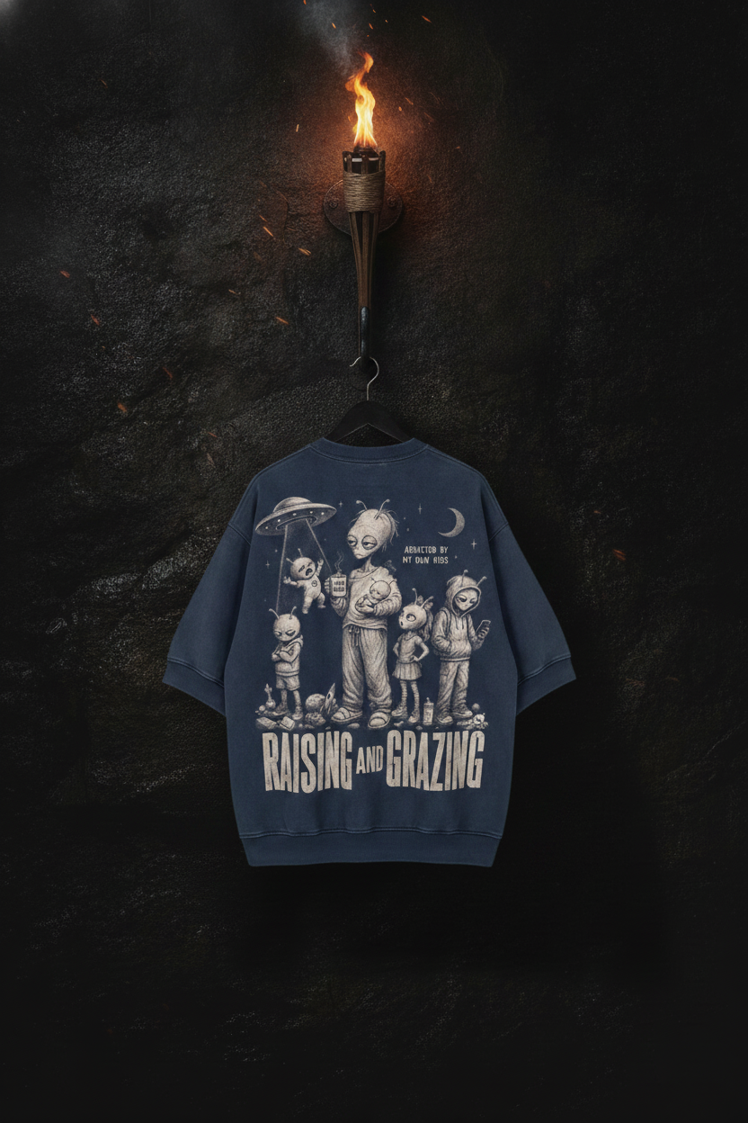 Abducted — navy acid-wash tee on a forged-iron hook, lit by a wall torch in the cavern