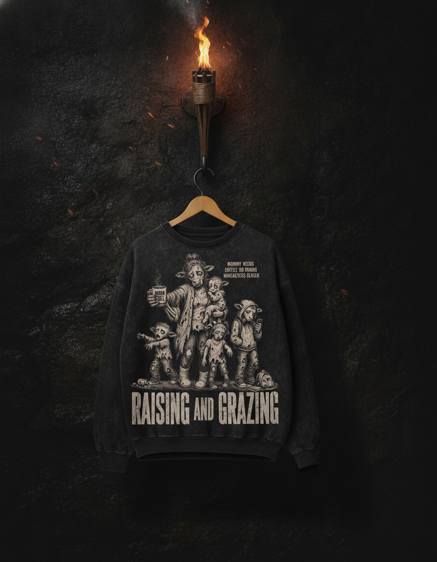 Coffee or Brains — black acid-wash tee on a forged-iron hook, lit by a wall torch in the cavern