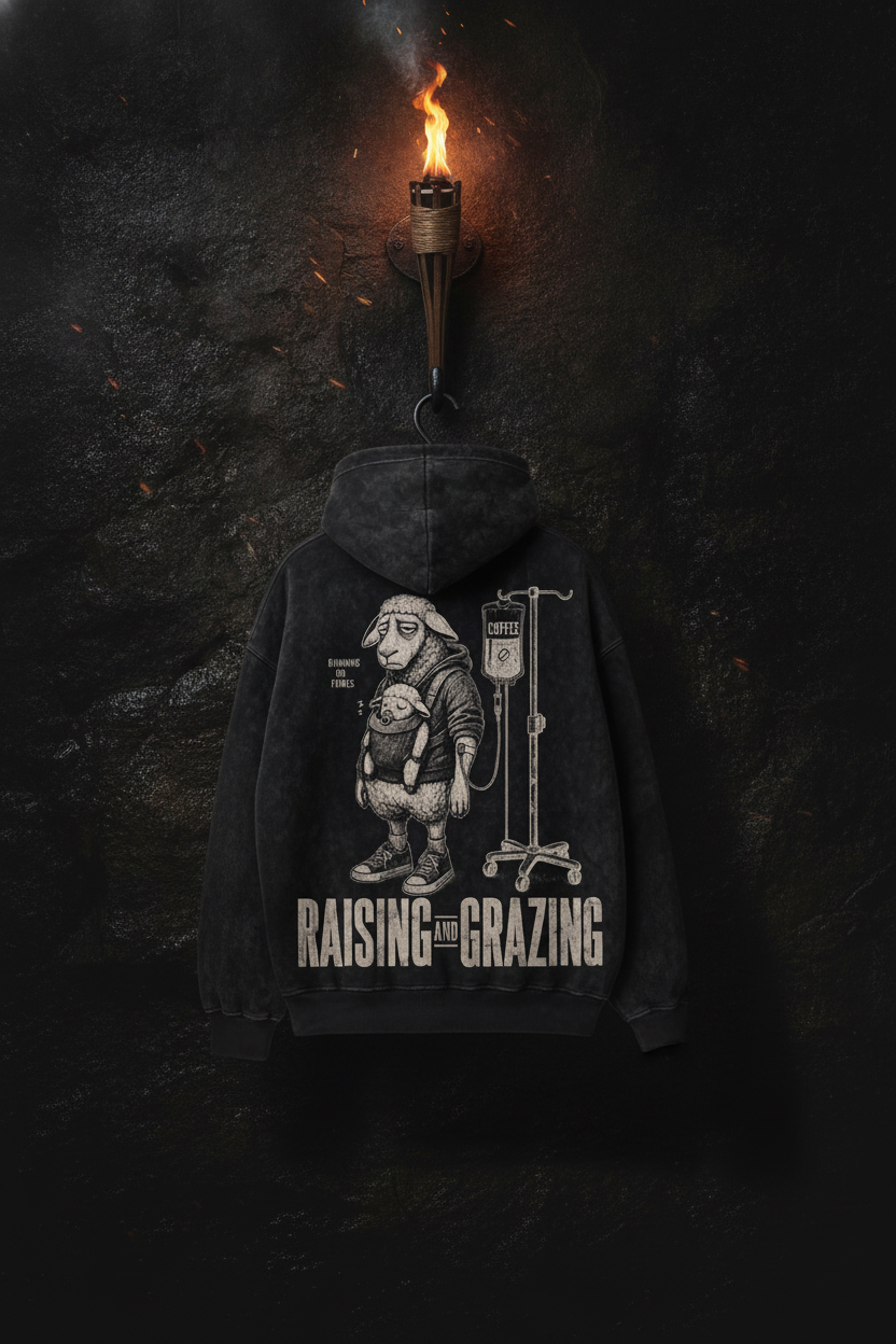 Running on Fumes — charcoal hoodie on a forged-iron hook, lit by a wall torch in the cavern